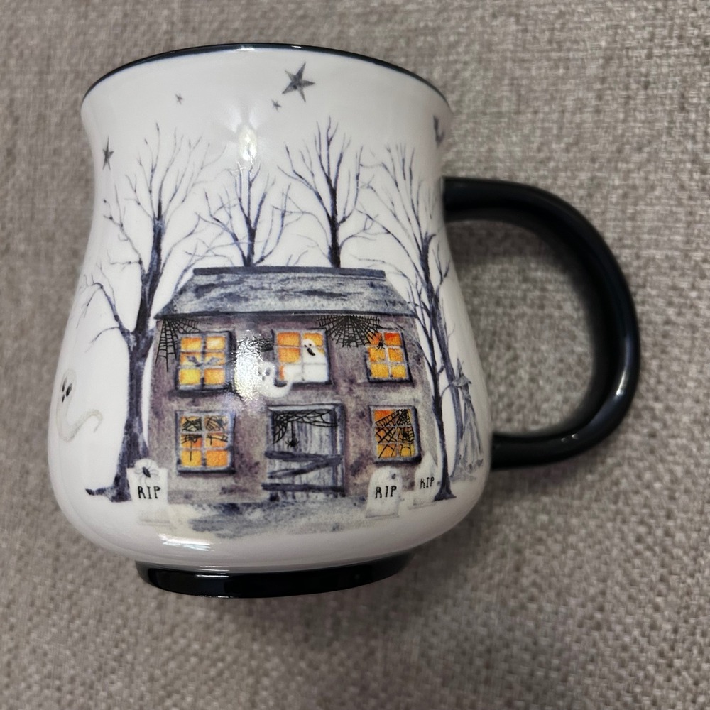 Potter's Studio Halloween Mug White Black Haunted House‎ Ghost Witch New